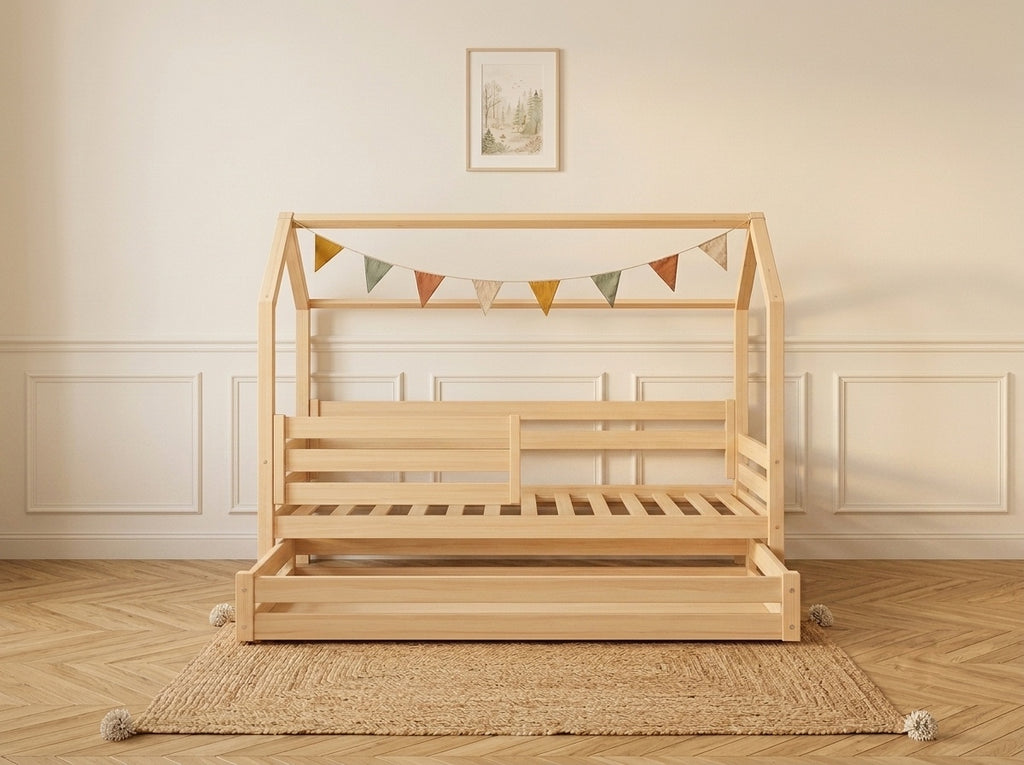 Lit cabane double en bois avec toit façon cabane et barrières de protection 120X200 – Lit Cocon