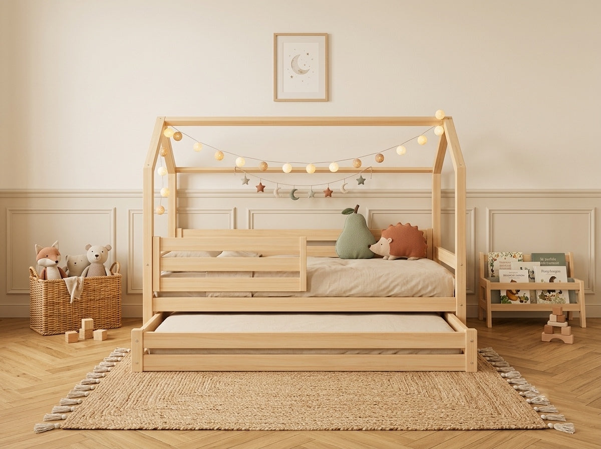 Lit double cabane en bois en forme de maisonnette 140x200 – Lit Tendresse