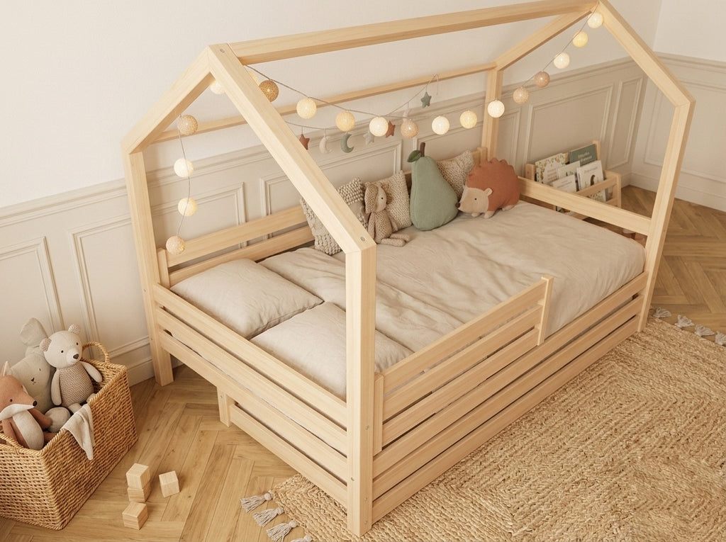 Lit cabane double en bois avec toit façon cabane et barrières de protection 120X200 – Lit Cocon