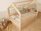 Lit cabane double en bois avec toit façon cabane et barrières de protection 120X200 – Lit Cocon