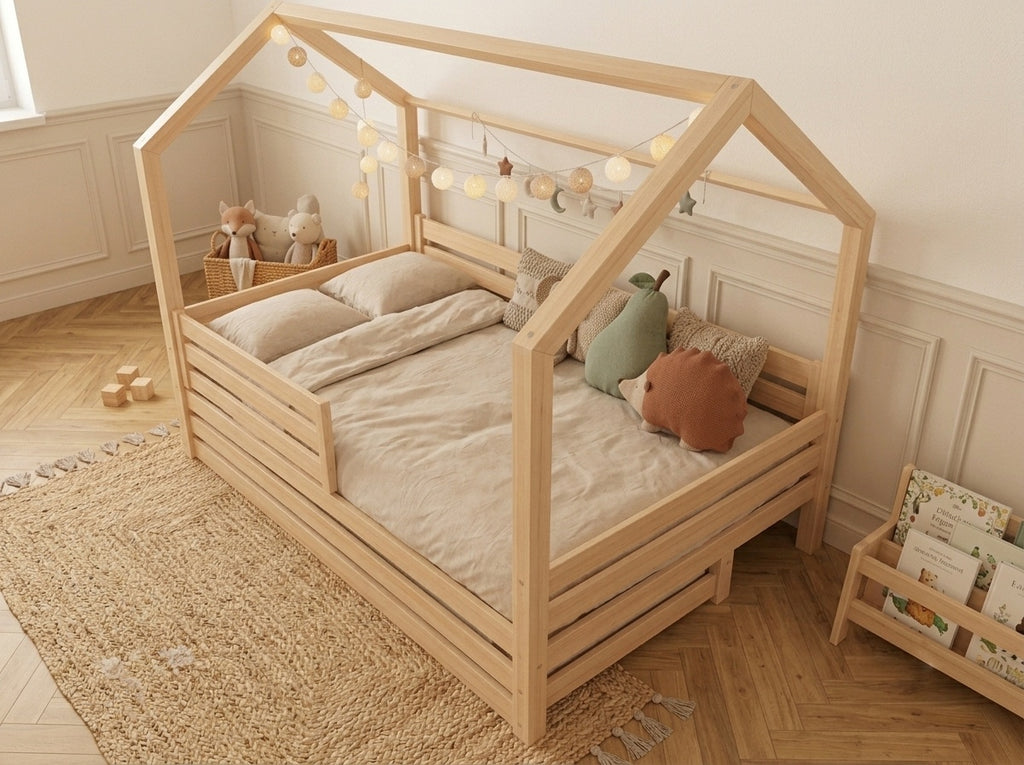 Lit double cabane en bois en forme de maisonnette 140x200 – Lit Tendresse