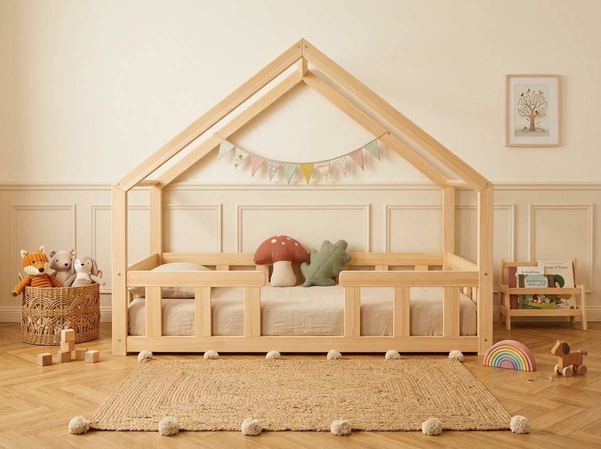 Lit double en bois en forme de maison avec toit façon cabane 120x200 – Lit Câlin