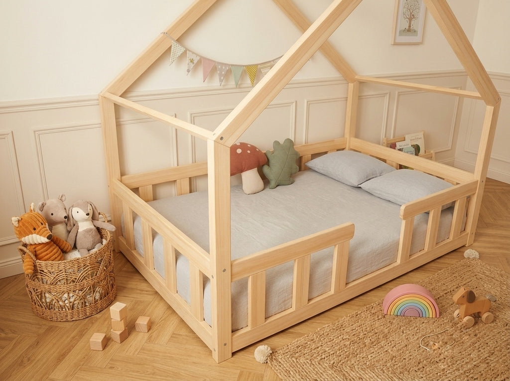 Lit double enfant en bois façon cabane avec barrières 140x200 – Lit Nuage