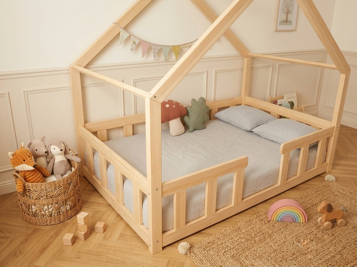 Lit double enfant en bois façon cabane avec barrières 140x200 – Lit Nuage