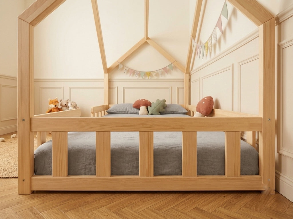Lit double enfant en bois façon cabane avec barrières 140x200 – Lit Nuage