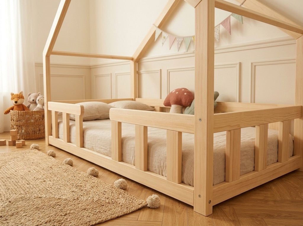 Lit double en bois en forme de maison avec toit façon cabane 120x200 – Lit Câlin