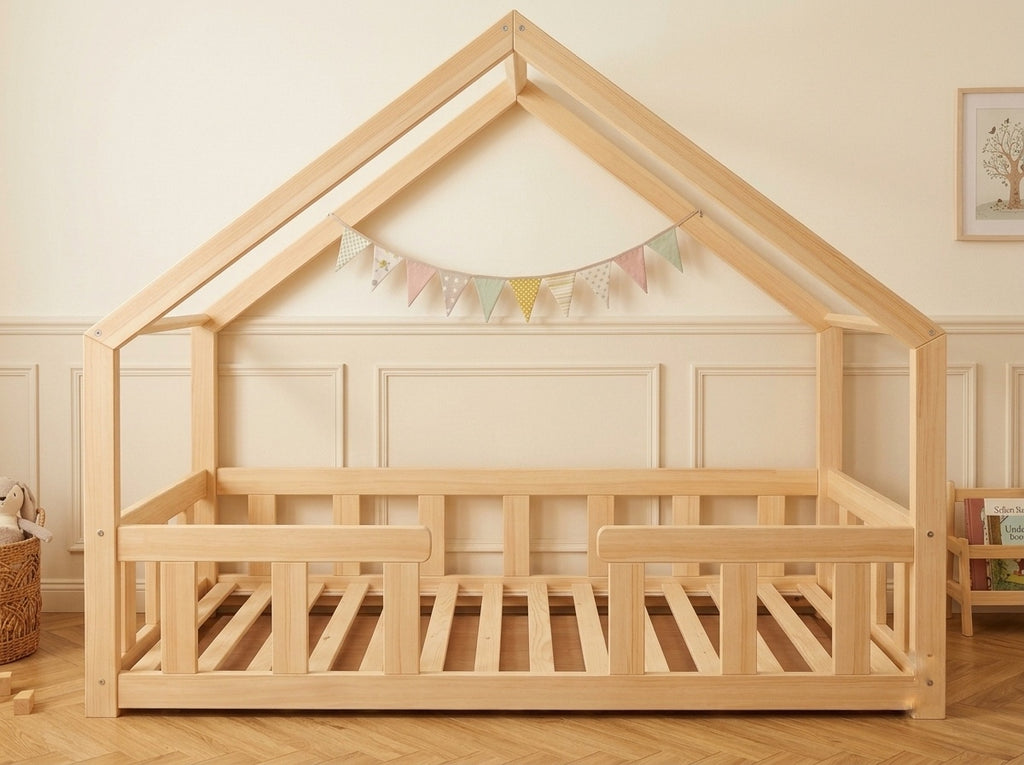 Lit double en bois en forme de maison avec toit façon cabane 120x200 – Lit Câlin