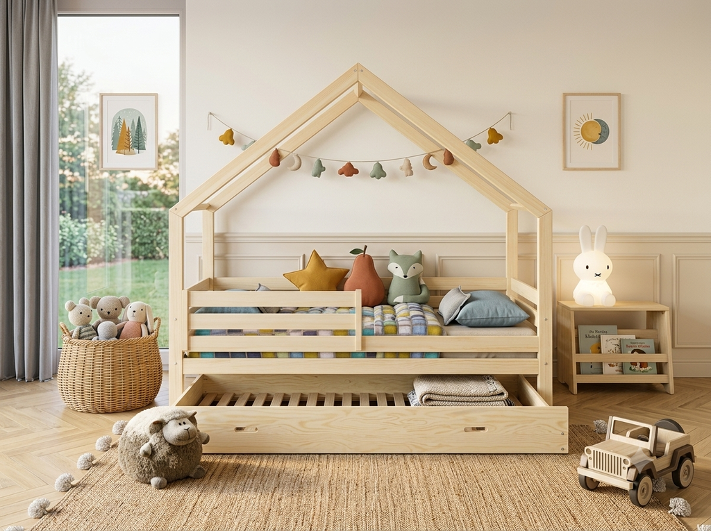 Lit double enfant en bois avec toit façon cabane 140x200 – Lit Petit Nid
