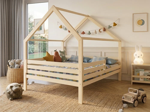 Lit cabane double en bois en forme de maison avec toit style chalet 120x200 – Lit Tendre Cocon