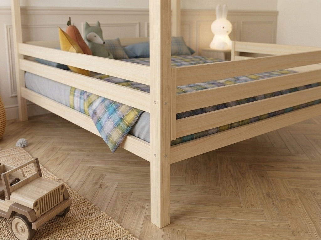 Lit double enfant en bois avec toit façon cabane 140x200 – Lit Petit Nid