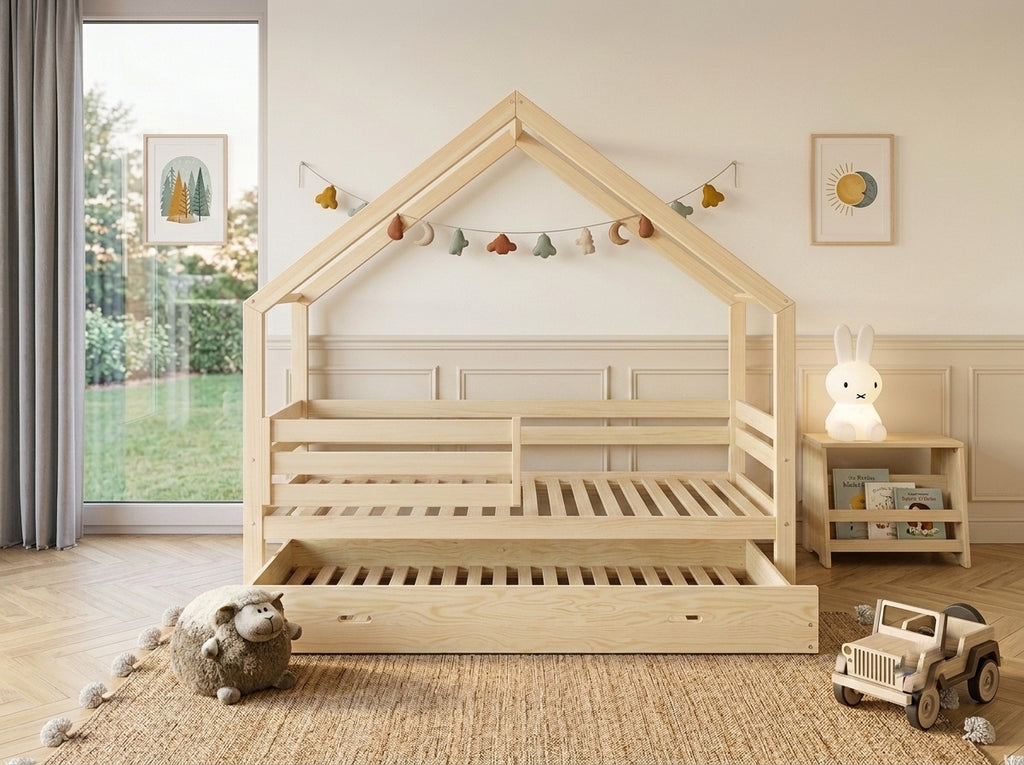 Lit cabane double en bois en forme de maison avec toit style chalet 120x200 – Lit Tendre Cocon