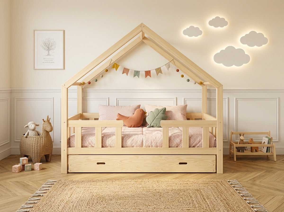 Lit double enfant en bois façon maison avec barrières et tiroir 140x200 – Lit Farandole