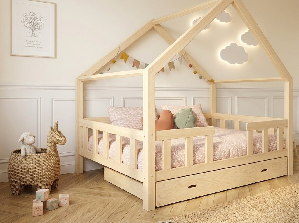 Lit double cabane en bois massif avec barrières et design maison 120x200 – Lit Cocon
