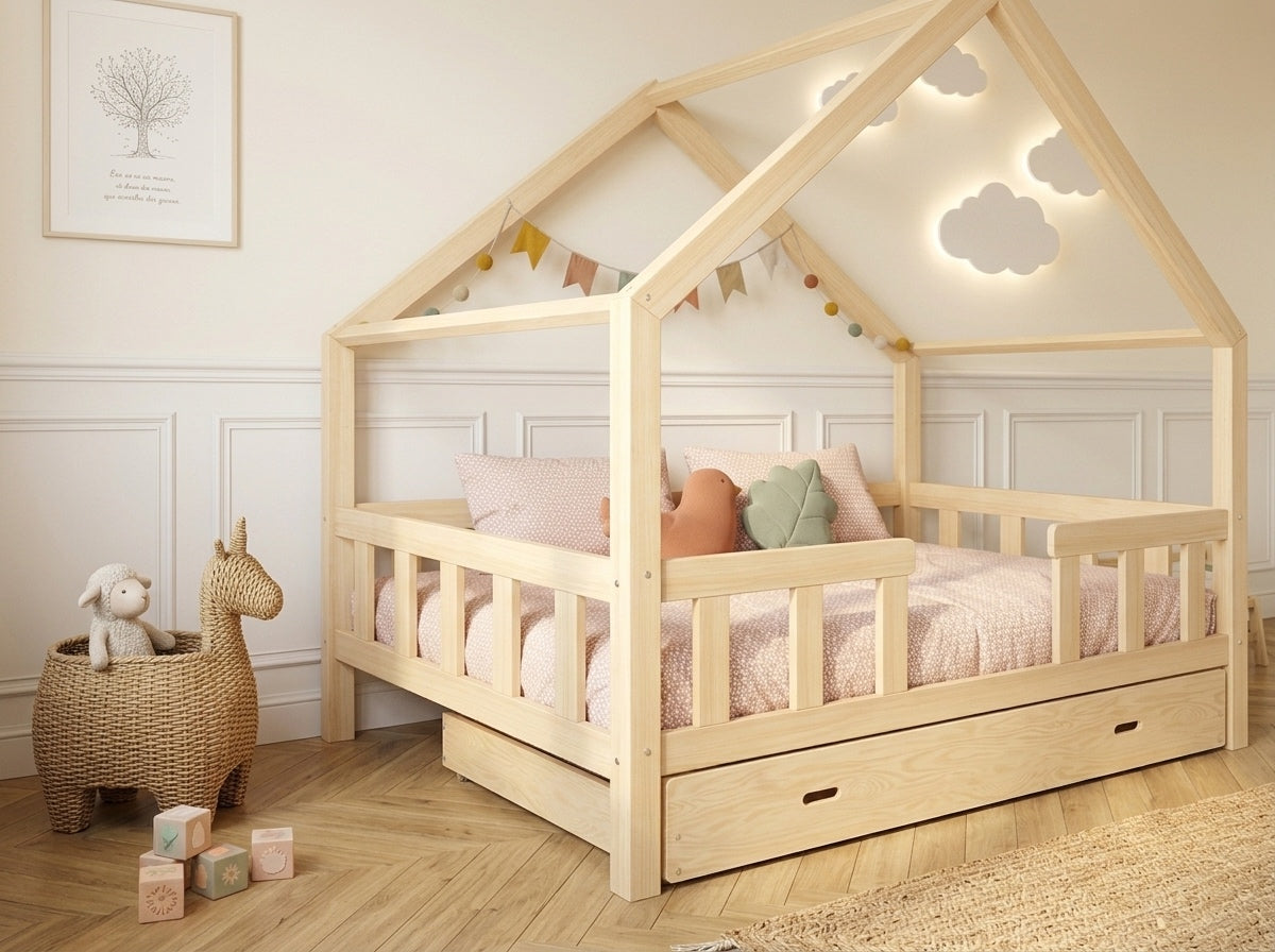 Lit double cabane en bois massif avec barrières et design maison 120x200 – Lit Cocon