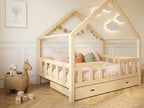 Lit double enfant en bois façon maison avec barrières et tiroir 140x200 – Lit Farandole