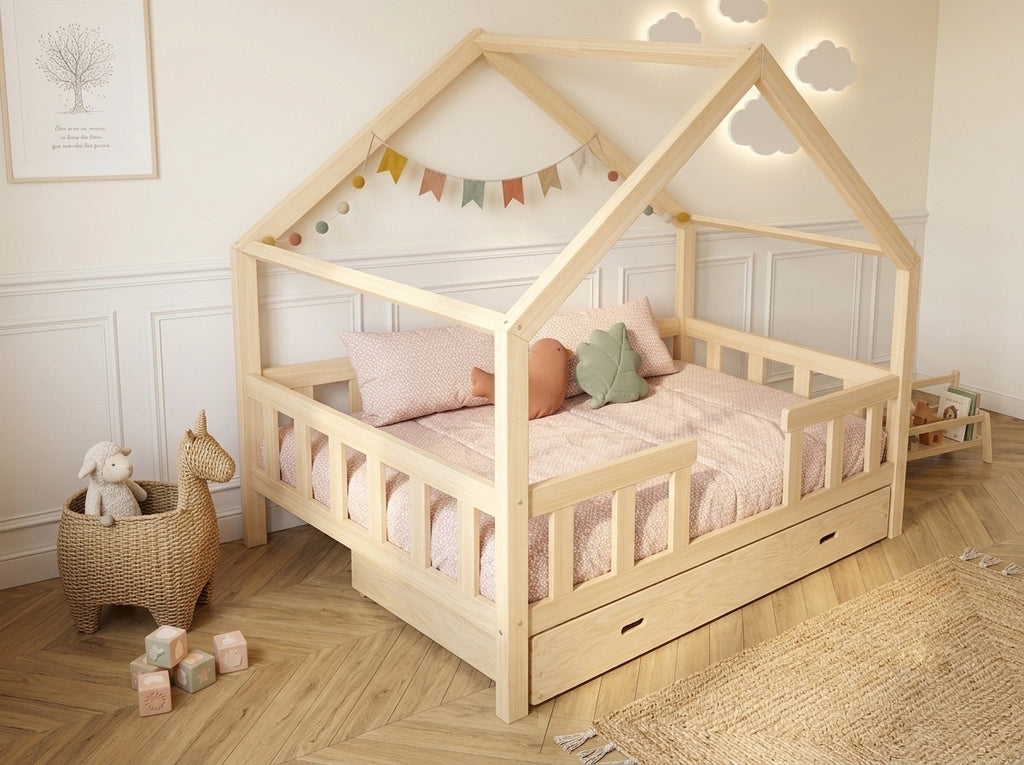 Lit double enfant en bois façon maison avec barrières et tiroir 140x200 – Lit Farandole