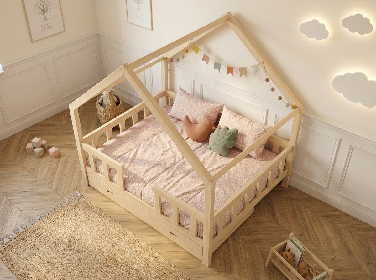 Lit double cabane en bois massif avec barrières et design maison 120x200 – Lit Cocon