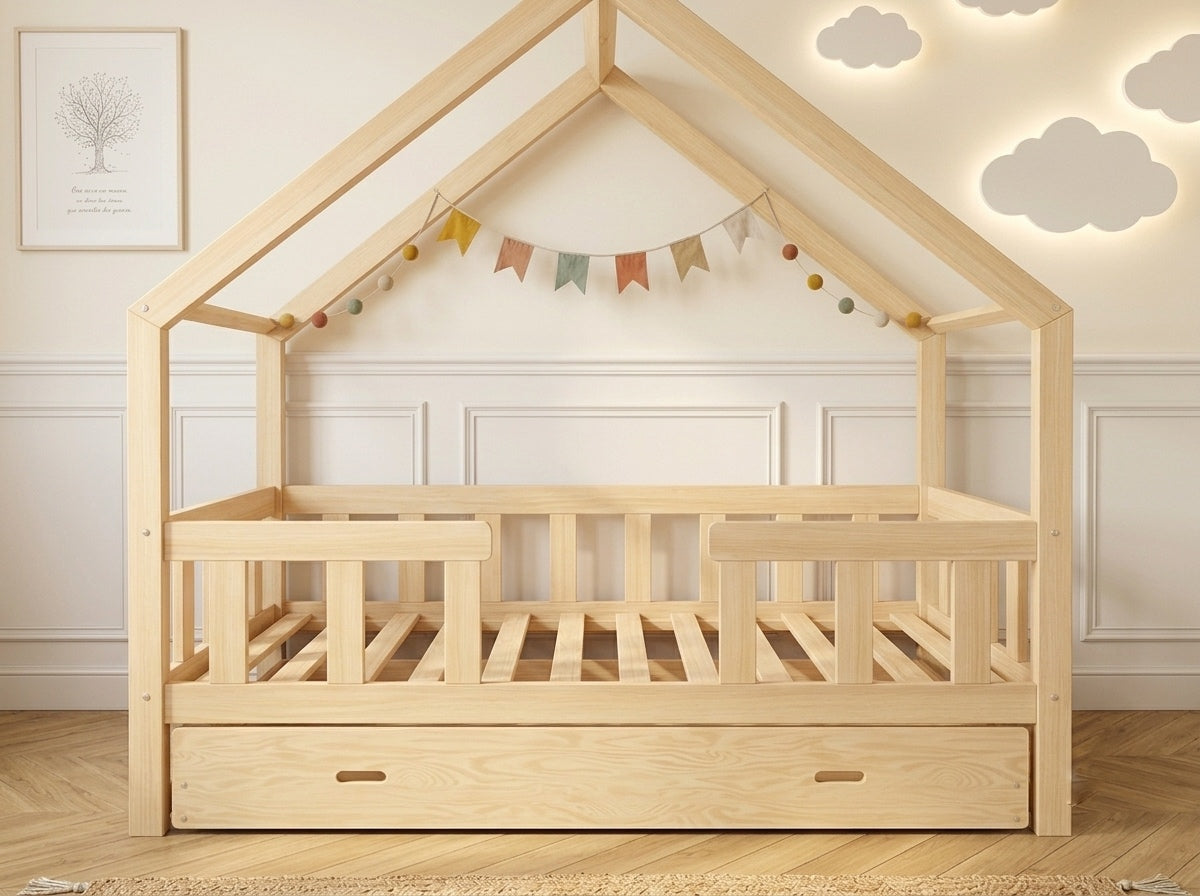 Lit double cabane en bois massif avec barrières et design maison 120x200 – Lit Cocon