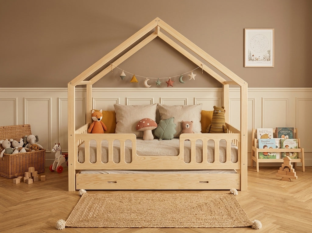 Lit double enfant en bois façon cabane avec barrières 140x200 – Lit Câlin