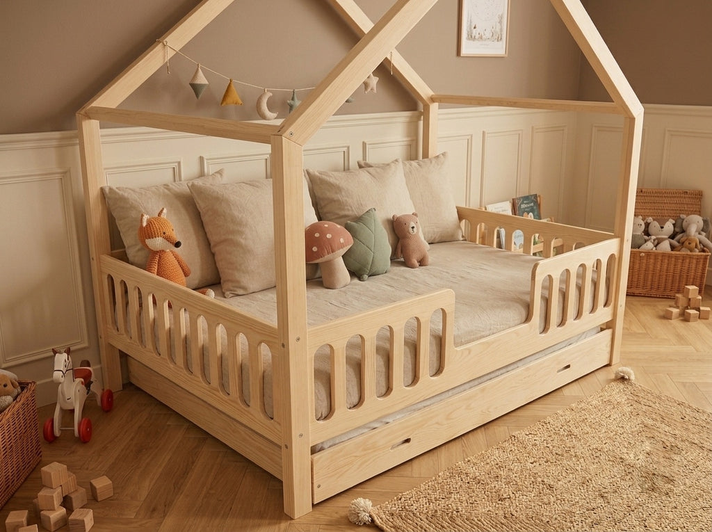 Lit double enfant en bois façon cabane avec barrières 140x200 – Lit Câlin