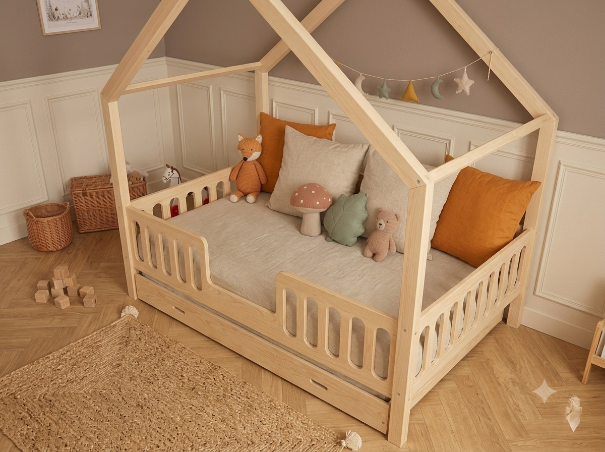 Lit double en bois en forme de maison avec barrières 120x200 – Lit Cocon
