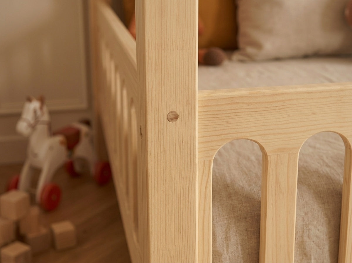 Lit double en bois en forme de maison avec barrières 120x200 – Lit Cocon