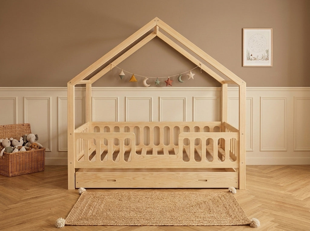 Lit double en bois en forme de maison avec barrières 120x200 – Lit Cocon
