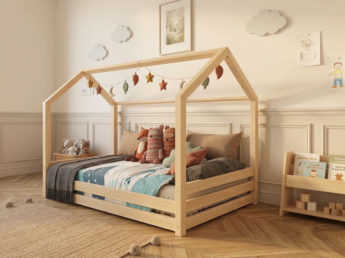 Lit double en bois avec un toit façon cabane 120x200 – Lit Cocon