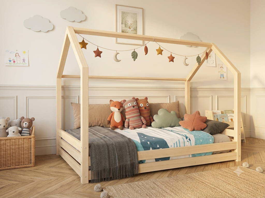 Lit double enfant en bois avec toit façon cabane 140x200 – Lit Étoilé