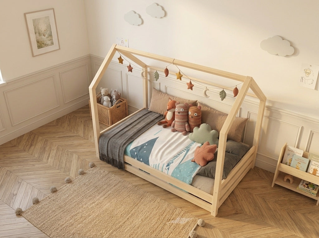 Lit double enfant en bois avec toit façon cabane 140x200 – Lit Étoilé