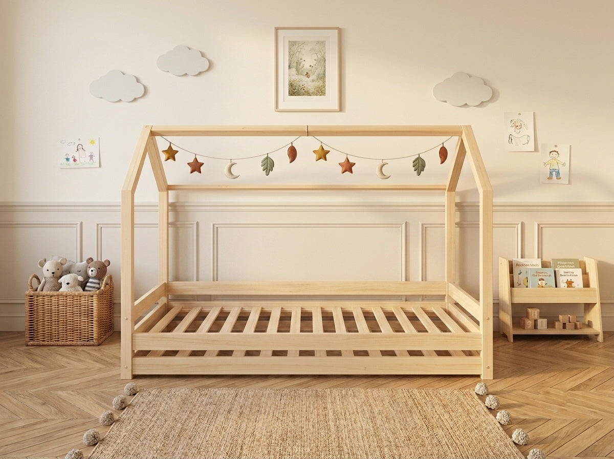 Lit double en bois avec un toit façon cabane 120x200 – Lit Cocon