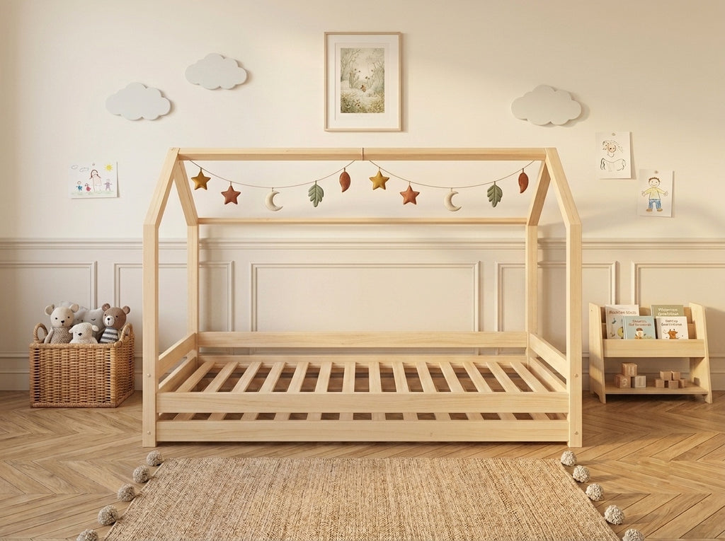 Lit double enfant en bois avec toit façon cabane 140x200 – Lit Étoilé