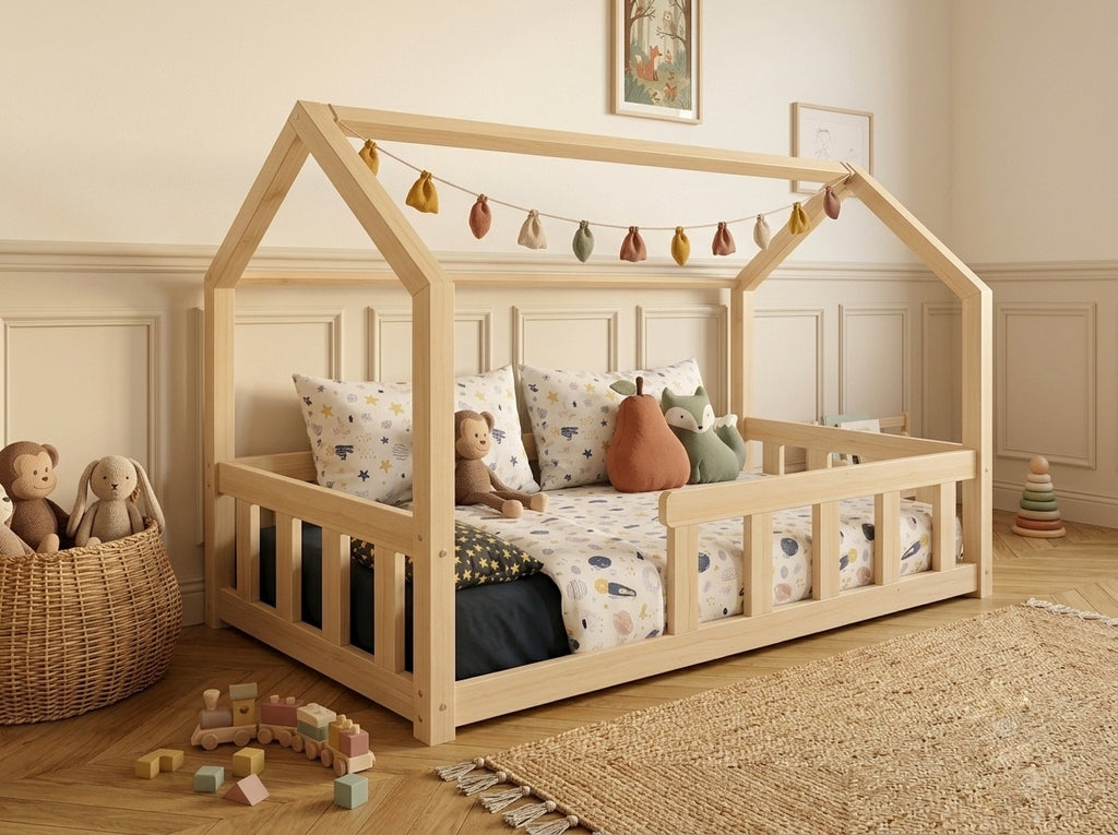 Lit double enfant en bois avec toit façon cabane 120x200 – Lit Cocon
