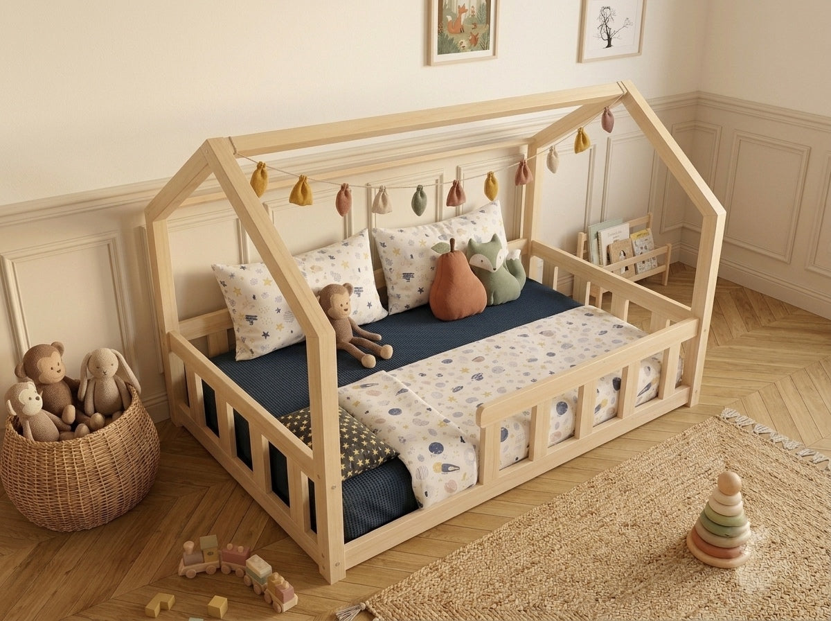 Lit double enfant en bois façon cabane avec barrières 140x200 – Lit Bulle