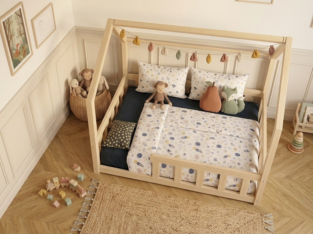 Lit double enfant en bois façon cabane avec barrières 140x200 – Lit Bulle
