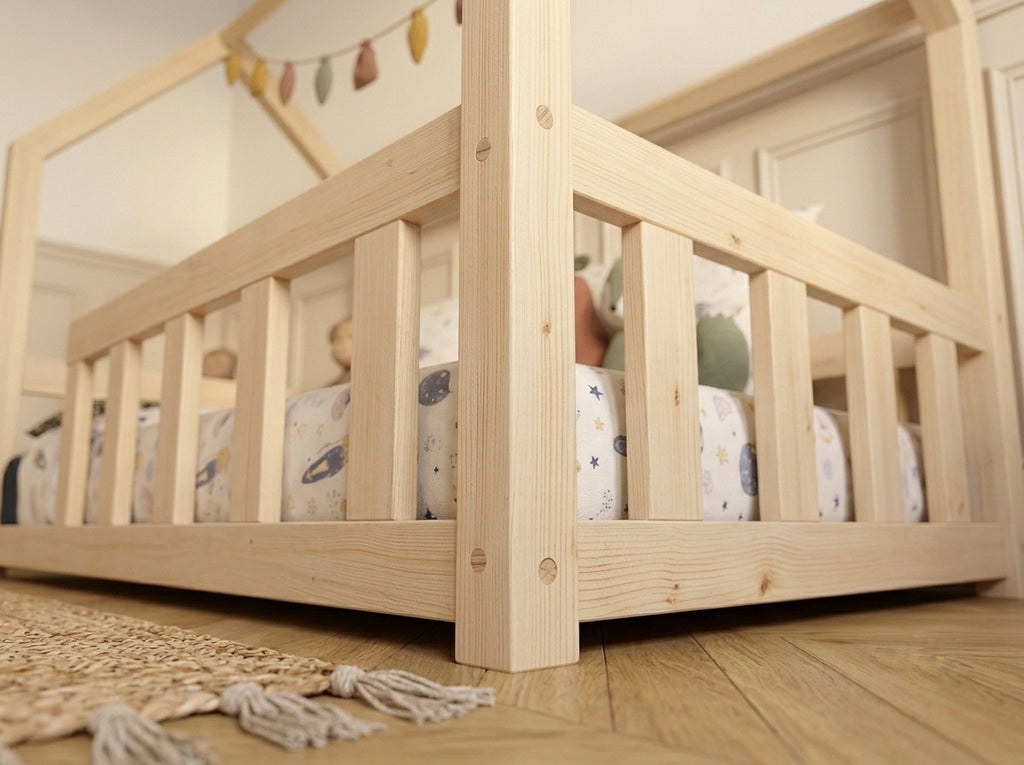 Lit double enfant en bois façon cabane avec barrières 140x200 – Lit Bulle
