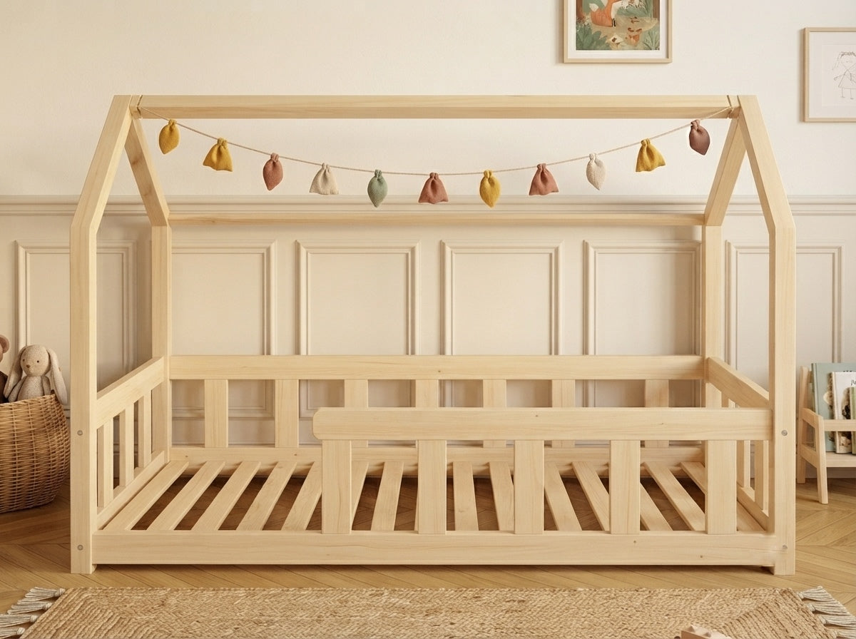 Lit double enfant en bois façon cabane avec barrières 140x200 – Lit Bulle