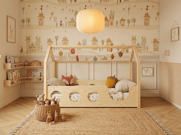 Lit cabane Montessori 120X200 en bois avec toit façon maisonnette et barrières de protection – Lit Rêverie