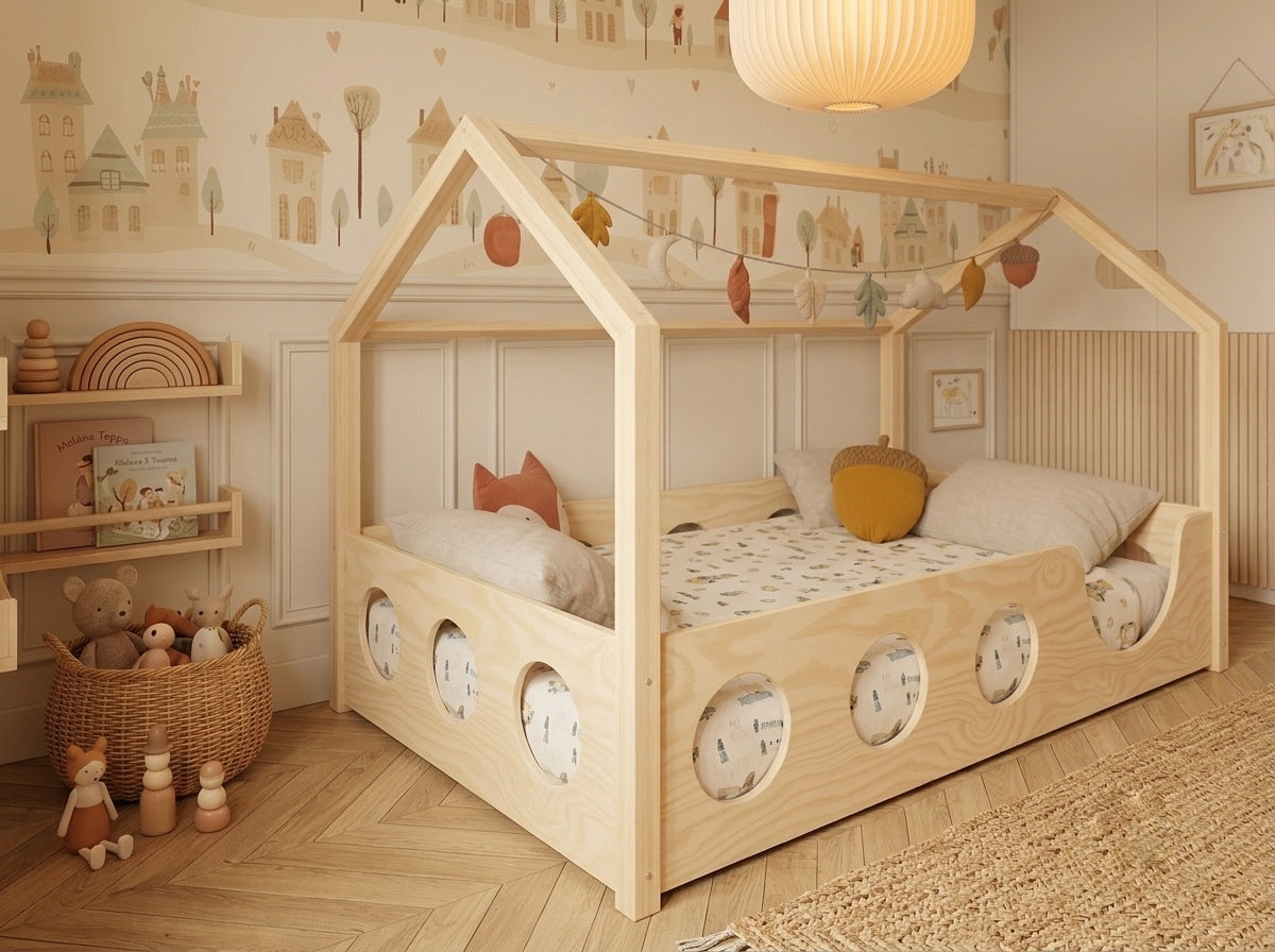 Lit double en bois avec toit façon cabane et barrières protectrices 120x200 – Lit Cocon