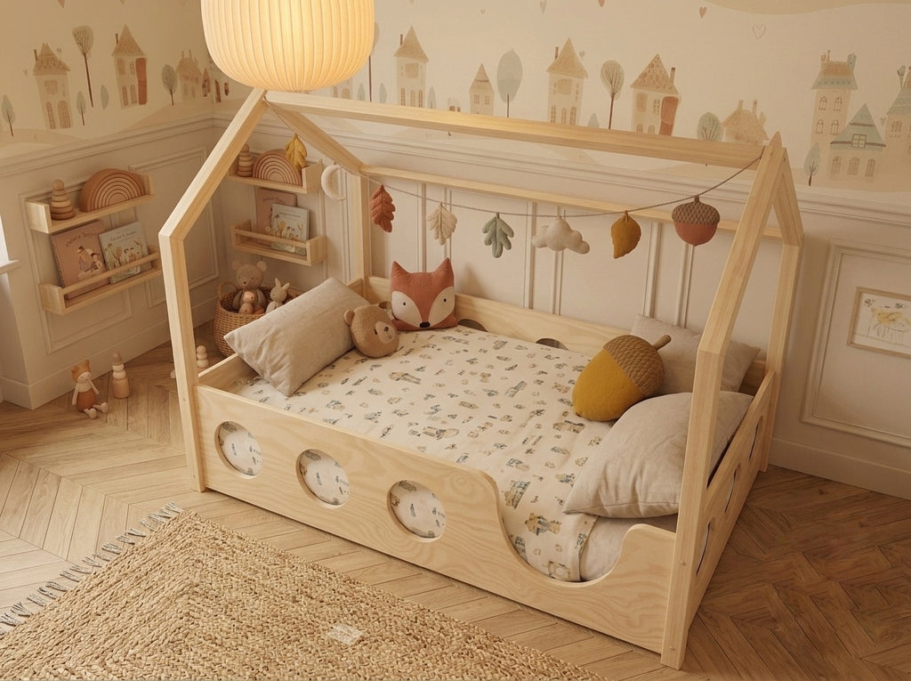 Lit double enfant en bois façon cabane avec barrière à fenêtres 140x200 – Lit Lucioles