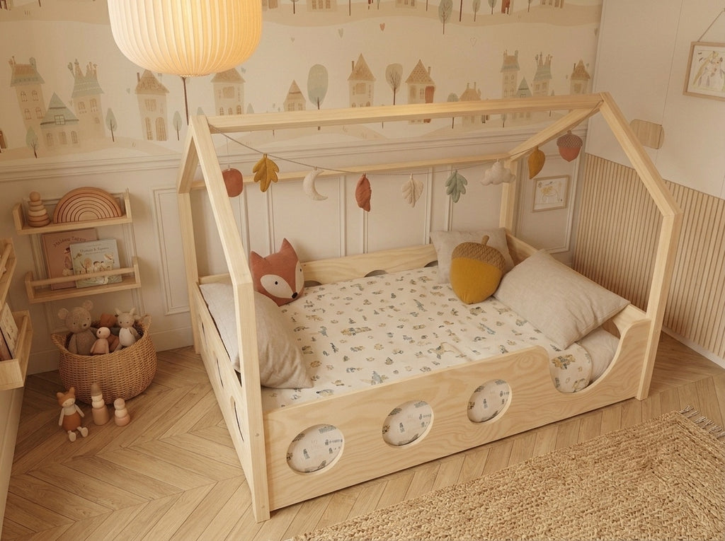 Lit double en bois avec toit façon cabane et barrières protectrices 120x200 – Lit Cocon