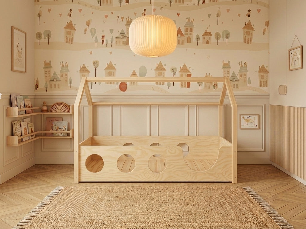 Lit double enfant en bois façon cabane avec barrière à fenêtres 140x200 – Lit Lucioles