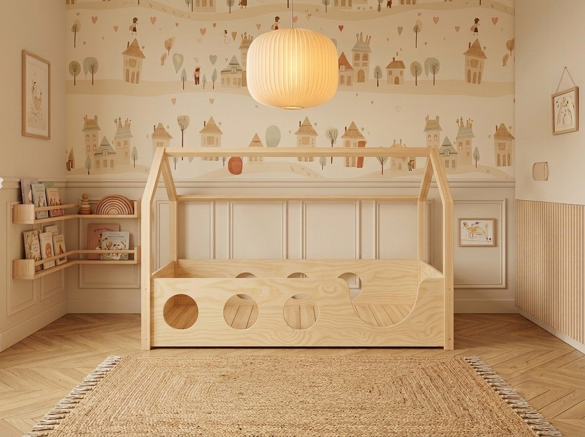 Lit double enfant en bois façon cabane avec barrière à fenêtres 140x200 – Lit Lucioles