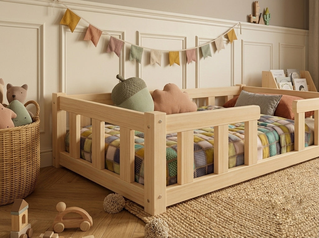 Lit simple Montessori 80x160 en bois avec barrières sécurisantes – Lit Petit Nid