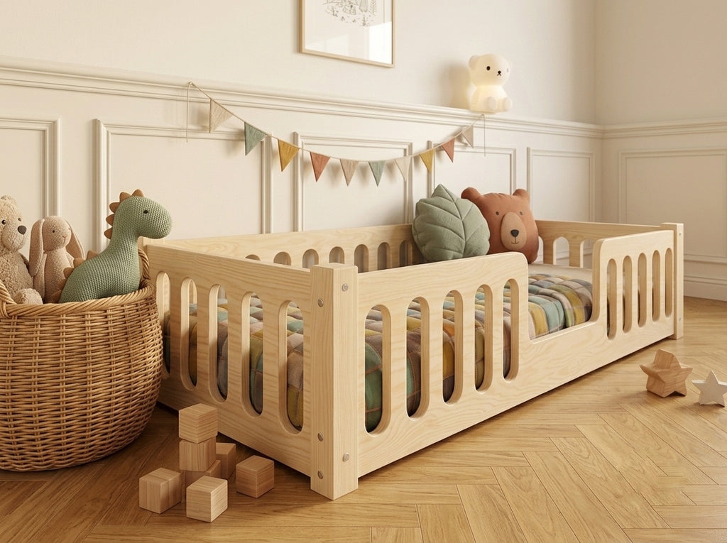 Lit enfant en bois ras du sol avec panneaux ajourés 90x190 – Lit Bulle