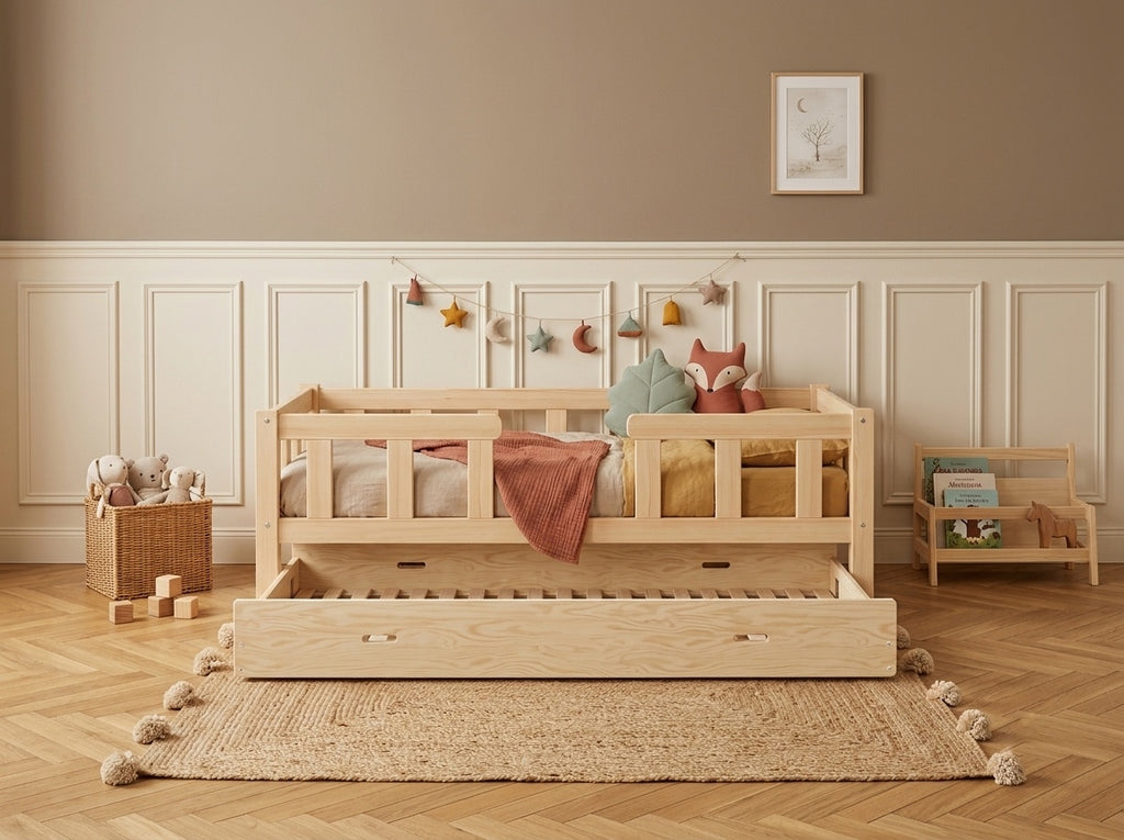 Lit simple 80x160 en bois avec barrières de sécurité environnantes – Lit Nuage