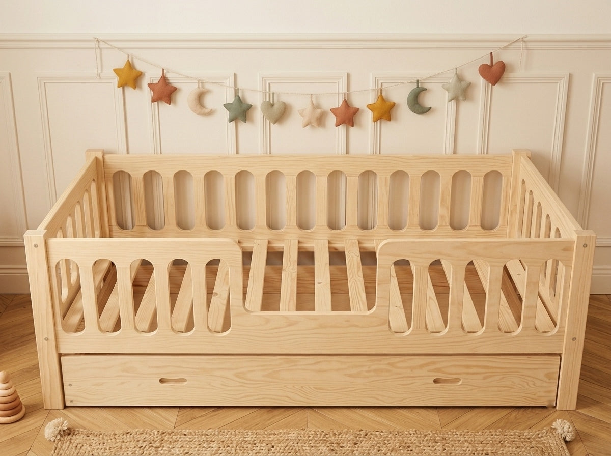 Lit simple 80x160 en bois avec barrières arrondies rassurantes – Lit Cocon