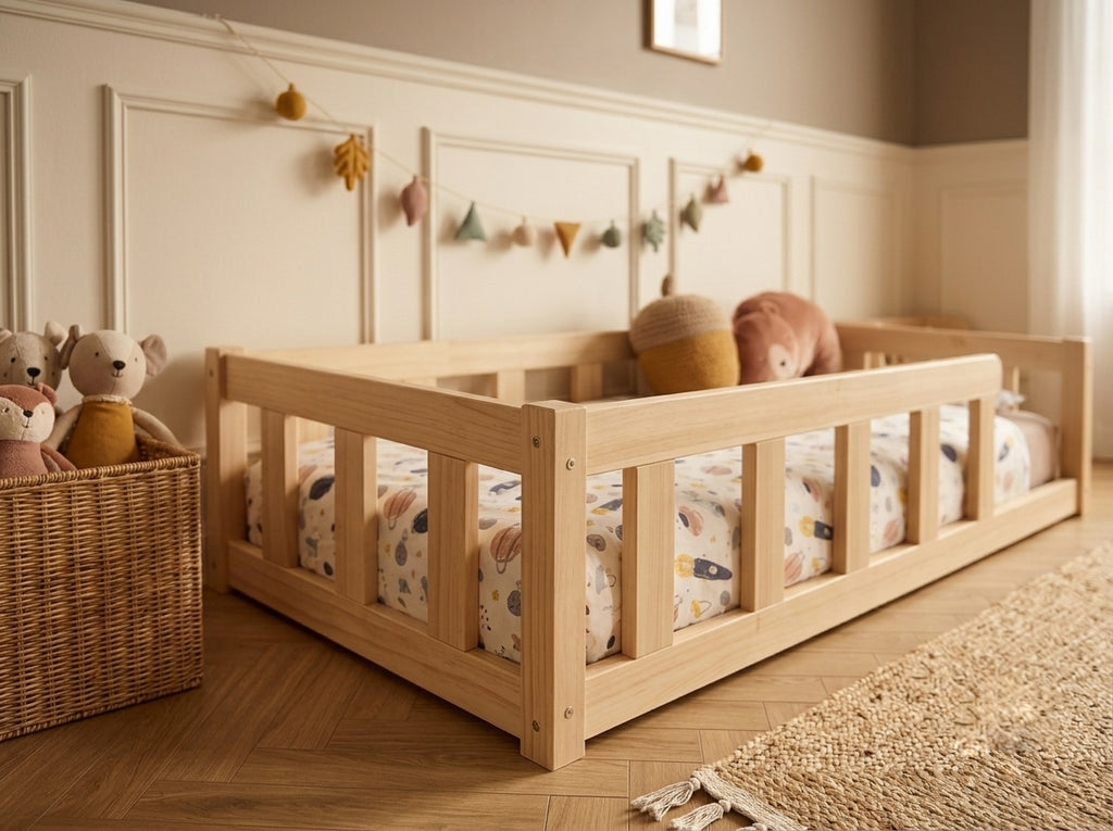 Lit enfant en bois ras du sol avec barrières horizontales 90x190 – Lit Petit Nid