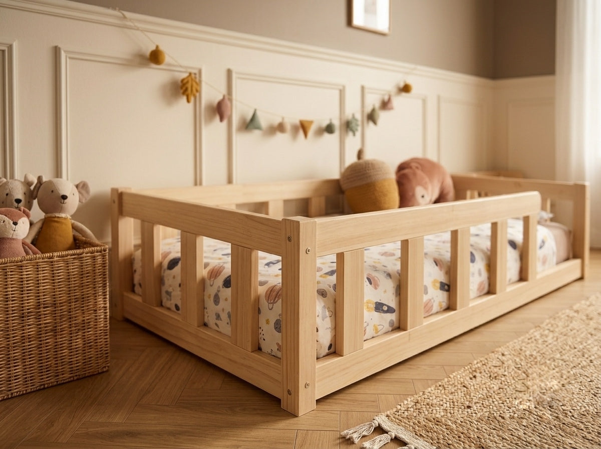 Lit enfant en bois ras du sol avec barrières horizontales 90x190 – Lit Petit Nid