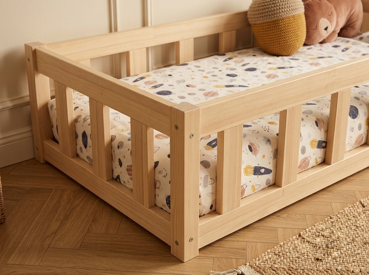 Lit simple Montessori 80x160 en bois avec petits barreaux tout doux – Lit Étoilé